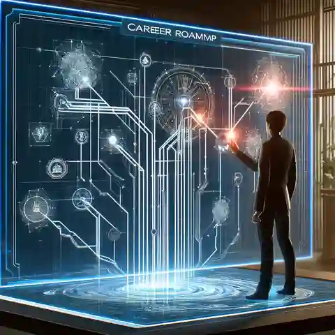 Sample Career Development Plans A conceptual image of a young professional standing in front of a large, interactive digital board that displays their caree