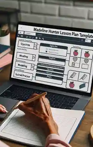 A detailed image of a teacher planning a lesson using the Printable Madeline Hunter Lesson Plan Template on a laptop